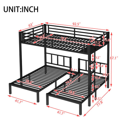 Bellemave Triple Bunk Bed for Kids, Detachable Queen Over Twin & Twin Metal Bunk Bed with Guardrails, Ladder & Storage, Converts to 3 Separate Beds, Easy to Assemble (3 Bunk Beds for Kids, Black)