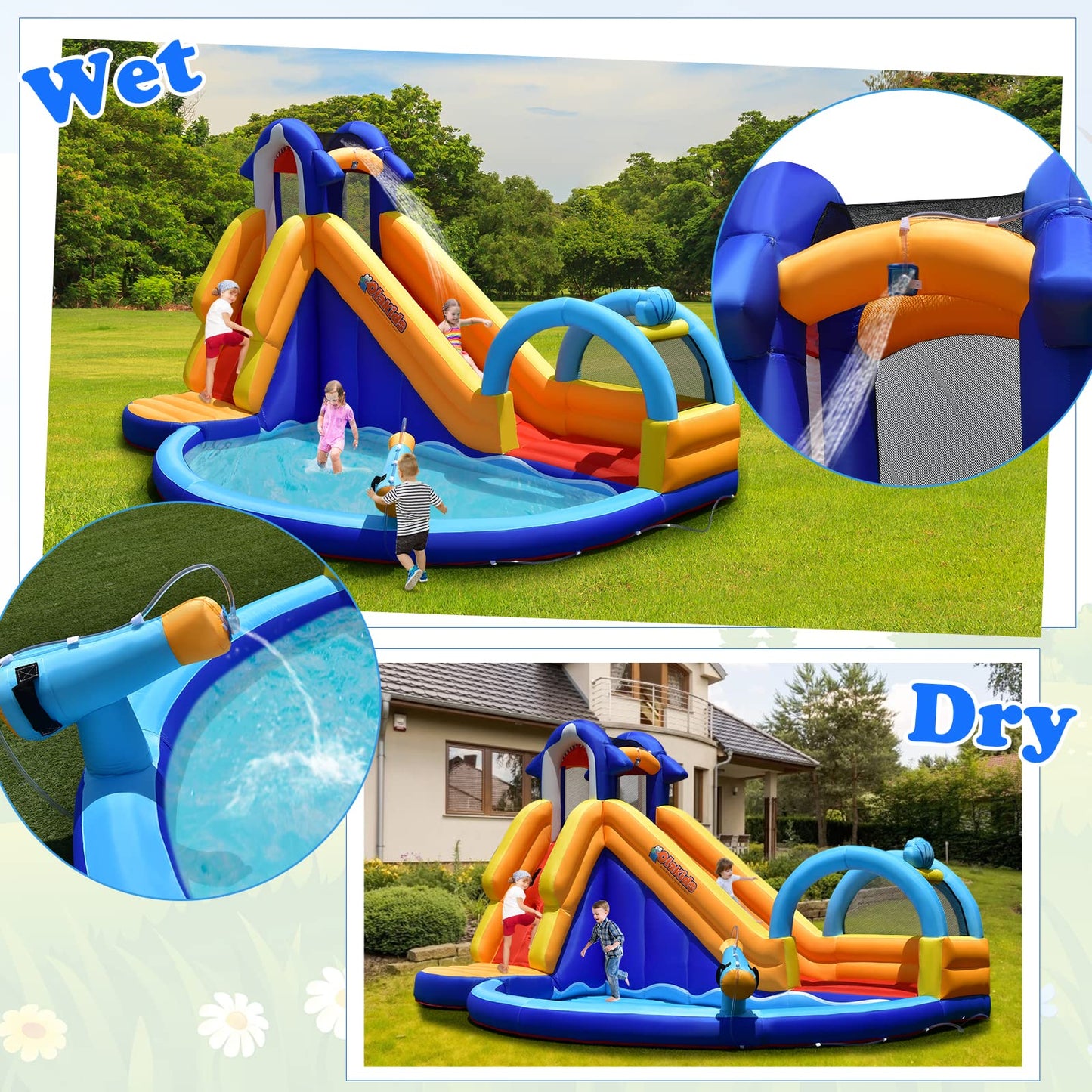 OLAKIDS Inflatable Water Slides, 14FT x 10FT x 8.5FT Shark Theme Bouncy House with Slide, Splash Pool, Climbing Wall, Water Gun, Outdoor Jumping Castle with Hose Carry Bag Stakes