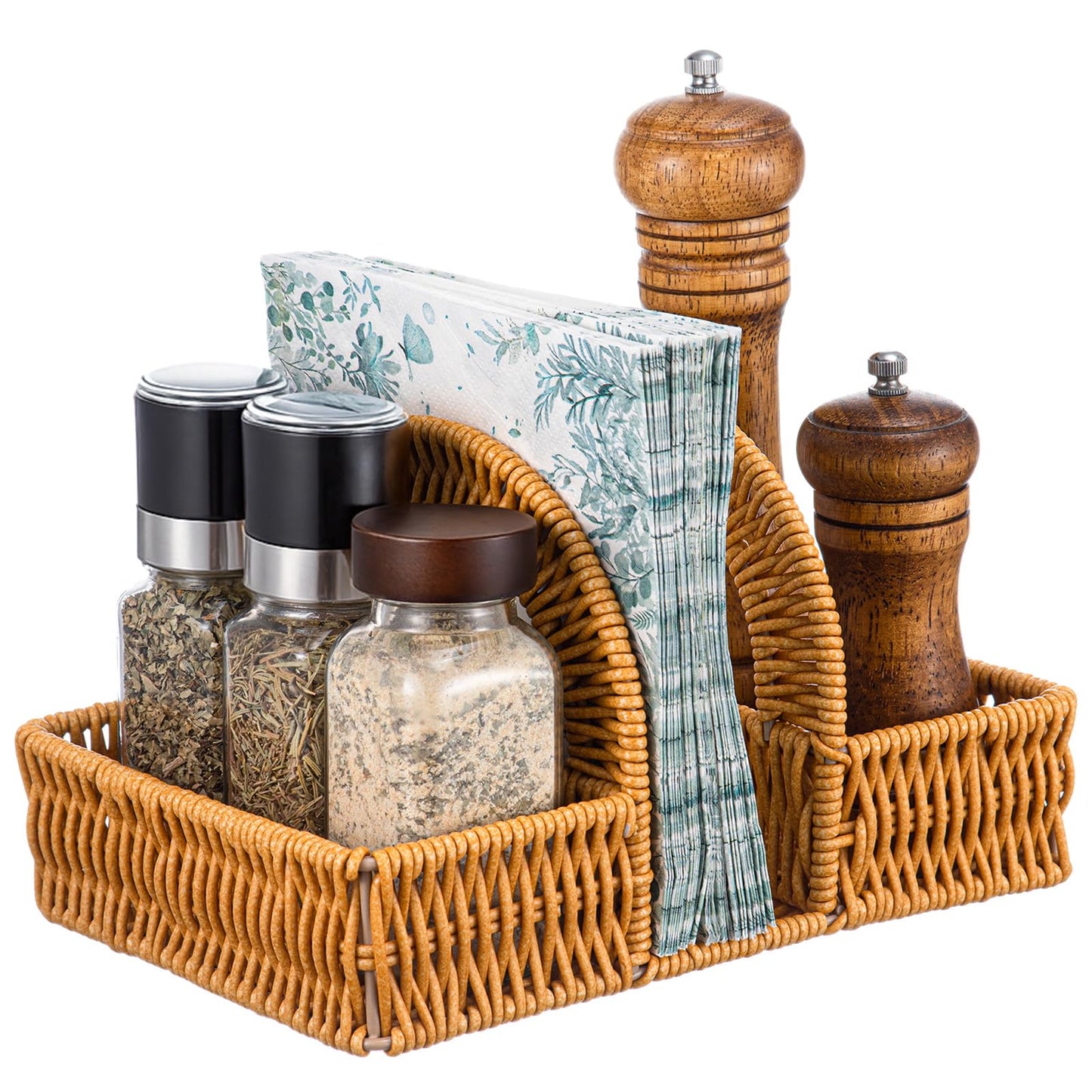 Boho Rattan Napkin Holder with Spice Rack Woven Dining Table Organizer for Napkins, Condiments Utensils Kitchen Counter Decor, Rustic Picnic Party Serving Caddy