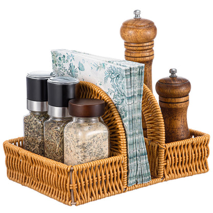 Boho Rattan Napkin Holder with Spice Rack Woven Dining Table Organizer for Napkins, Condiments Utensils Kitchen Counter Decor, Rustic Picnic Party Serving Caddy