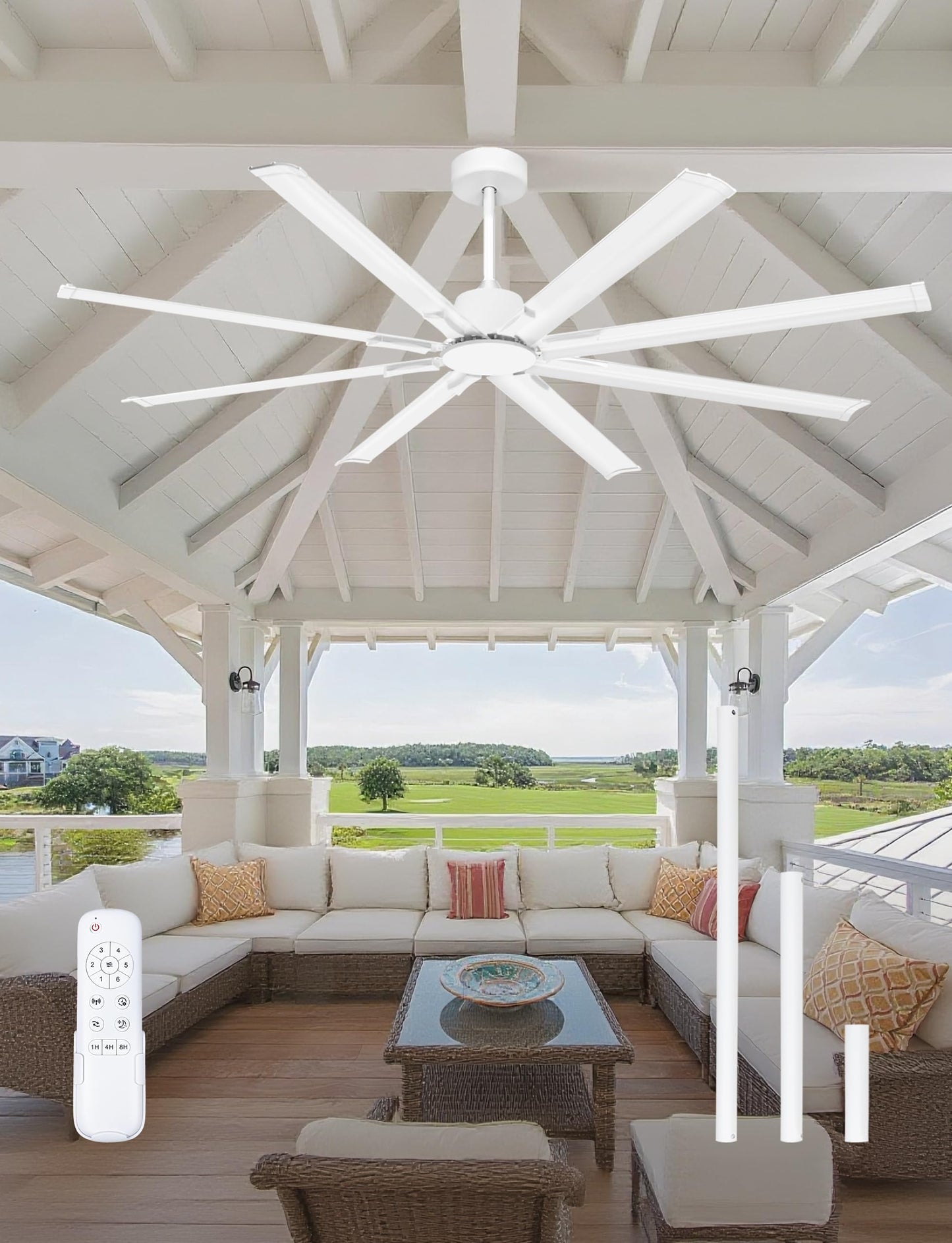 Minislak 72 Inch Ceiling Fan Without Light with 8 White Aluminum Blades,Industrial Ceilin fan with Remote,6 Speed,Quiet DC Motor,Large Outdoor Indoor Ceiling Fan for Patio,Garage,Living Room