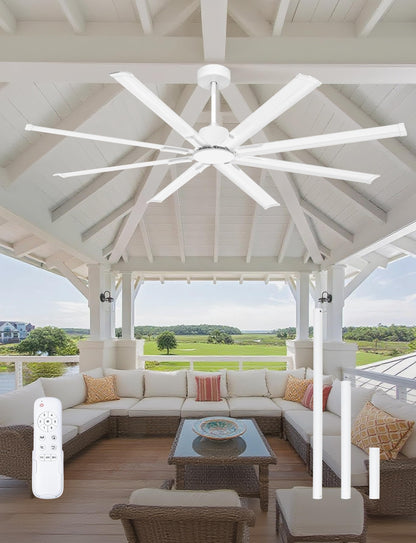 Minislak 72 Inch Ceiling Fan Without Light with 8 White Aluminum Blades,Industrial Ceilin fan with Remote,6 Speed,Quiet DC Motor,Large Outdoor Indoor Ceiling Fan for Patio,Garage,Living Room