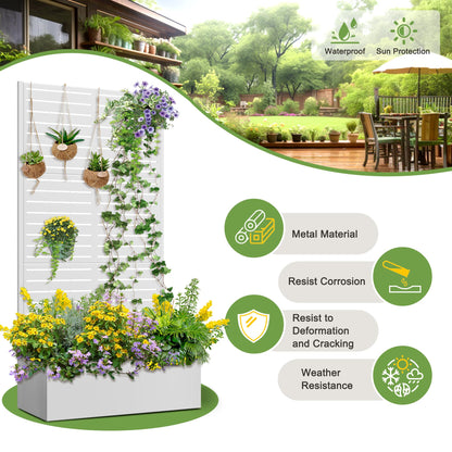 FENCY Metal Raised Garden Bed with Trellis, Metal Planter Box with Trellis, Garden Box for Climbing Plants Vegetable, 35" Lx16 Wx71 H Garden Bed with Drainage Holes(White-Louvered)