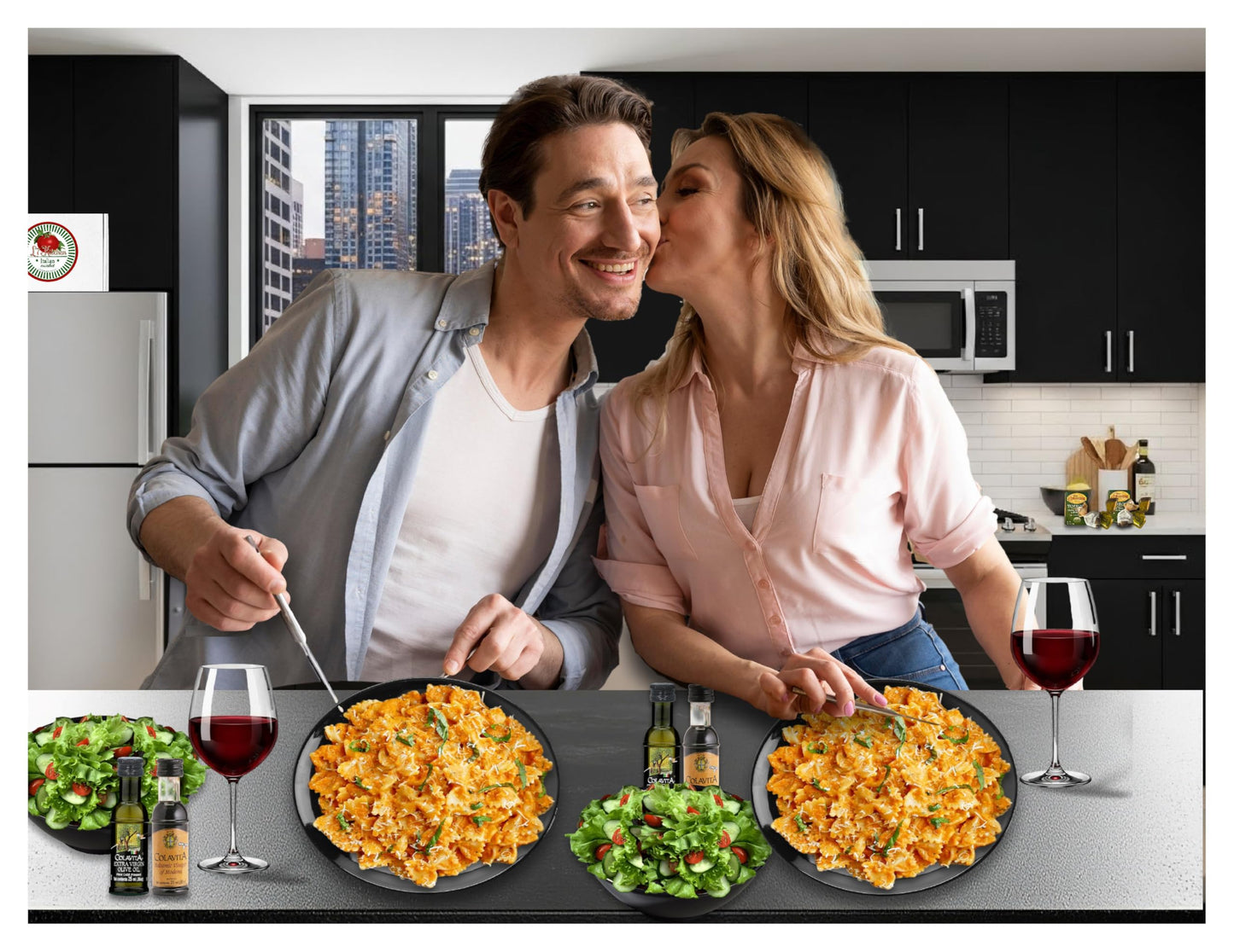 Imported Italian Dinner for Two Meal Kit - Sun-Dried Tomato Pesto, Spicy Arrabbiata Pesto, Pasta, Seasonings and Sweets Gift Box