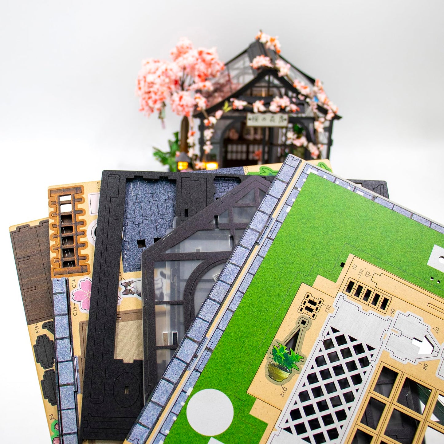 Plustopoy DIY Miniature House Kit, 3D Wooden Dollhouse with LED Lights, Creative Book Nook Kit for Home Decor, Japanese Sakura Greenhouse Miniature Room Kit Craft Building Model Gift for Women