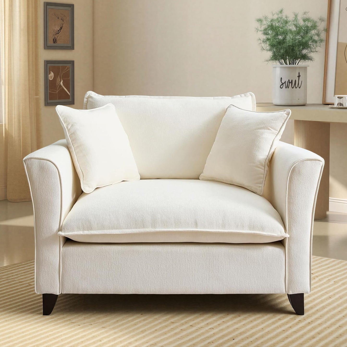 ERYE 46.9" Chenille Upholstered Accent Chair Wide Seat for Living Room Bedroom, Modern Leisure Cushion Armchair W/ 2 Pillows and Removable Cover for Home Apartment Office