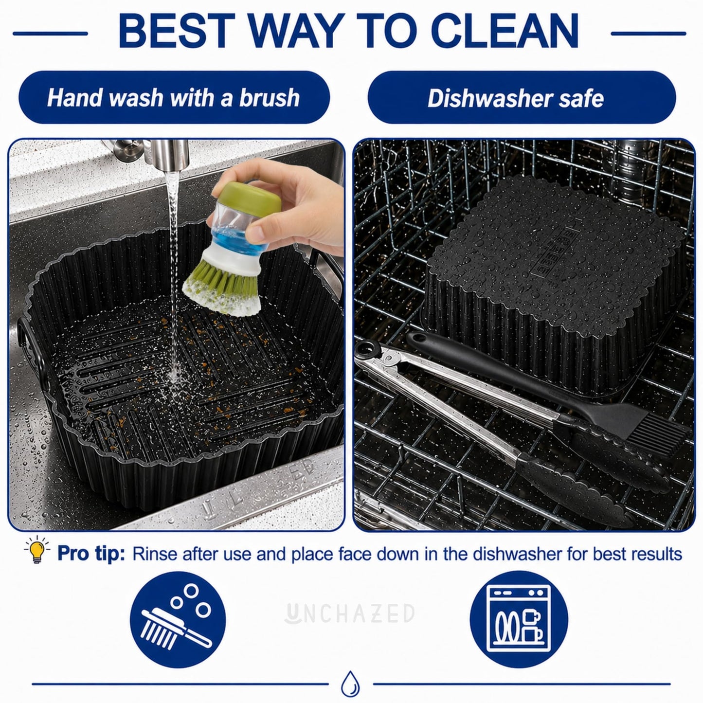 Air Fryer Silicone Liners 2 Pack for 4–7QT Square Basket – Reusable Nonstick Food-Grade Silicone Air Fryer Basket Liners – Dishwasher Safe, Includes Tongs & Basting Brush