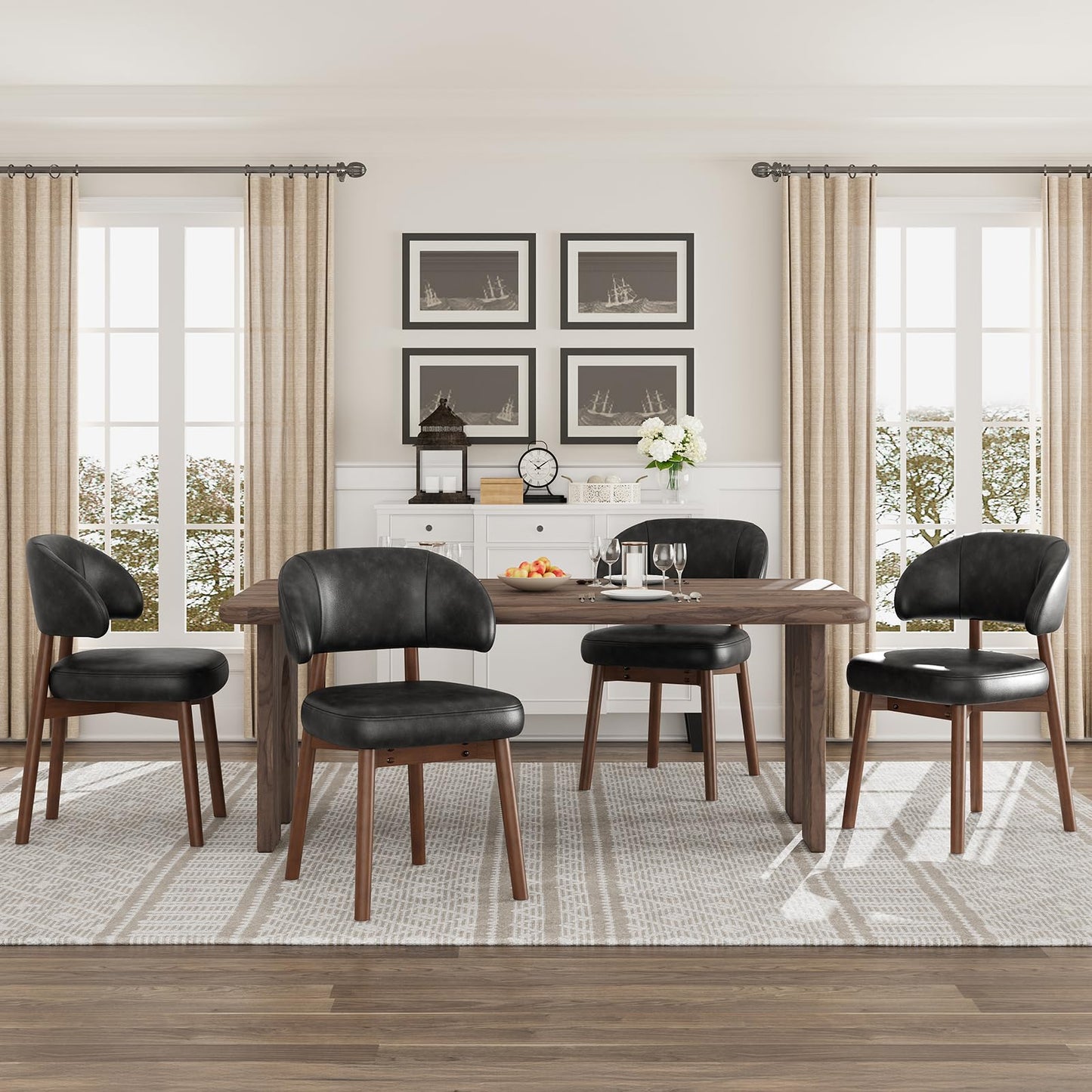 MALOL Wooden Dining Chairs Set of 6, Modern Upholstered Dining Room Chair, PU Leather Kitchen Side Chairs with Curved Open Back for Living Room/Restaurant/Cafe, Black