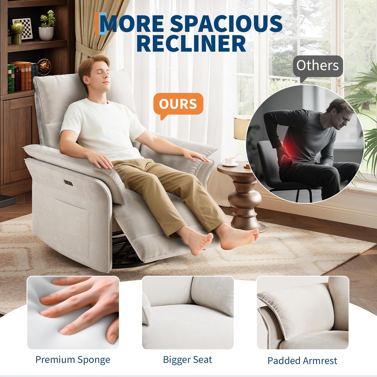 GarveeHome Power Recliner Chair, 270 °Swivel Rocking Glider with USB Charging Port, Chenille Upholstered Fabric and Double-Layer Armrests, Nursery Chair for Living Room, Nursery (Off White)