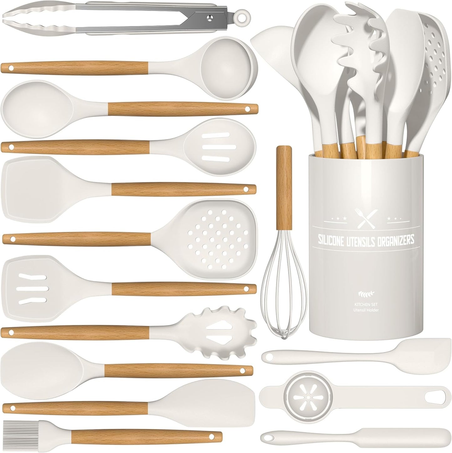 Silicone Cooking Utensils Set, 16 Pcs with Holder, Heat Resistant Kitchen Gadgets for Nonstick Cookware