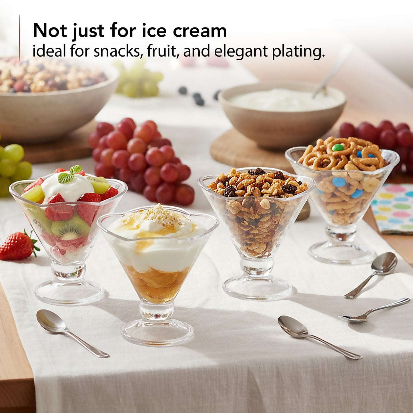 OVENTE 4 Pack Glass Dessert Bowls with Spoons, 6 Oz Footed Ice Cream Cups for Sundae, Fruit, Salad, Cocktail, Snack or Trifle, All Purpose Serving Bowl Ideal for Christmas Holiday Party, Clear ICGBSS4
