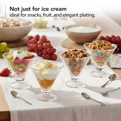 OVENTE 4 Pack Glass Dessert Bowls with Spoons, 6 Oz Footed Ice Cream Cups for Sundae, Fruit, Salad, Cocktail, Snack or Trifle, All Purpose Serving Bowl Ideal for Christmas Holiday Party, Clear ICGBSS4