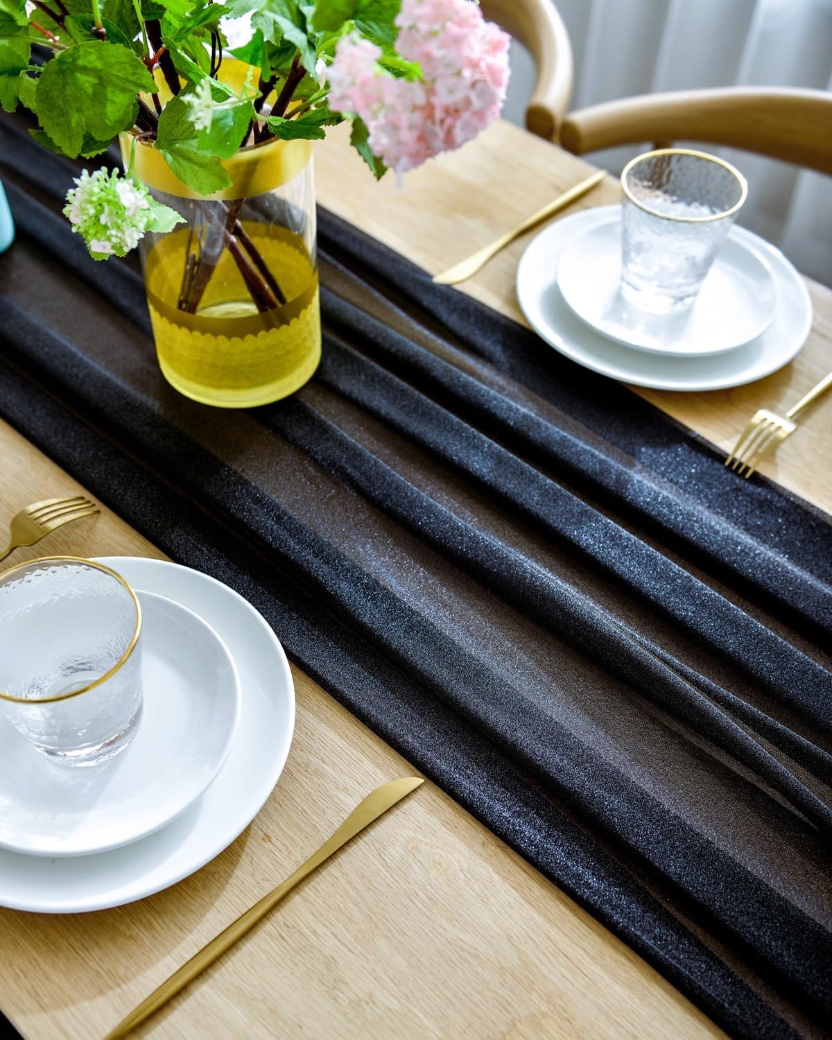 BOXAN Gorgeous Black Silky Sheer Table Runner, 30x120 Inch for Romantic Wedding Decor, Chic Bridal & Baby Shower