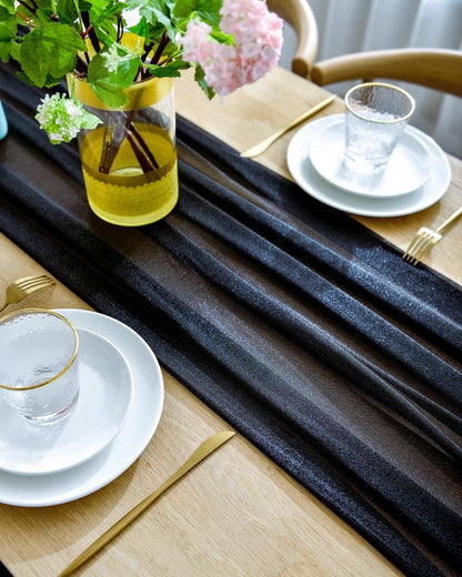BOXAN Gorgeous Black Silky Sheer Table Runner, 30x120 Inch for Romantic Wedding Decor, Chic Bridal & Baby Shower