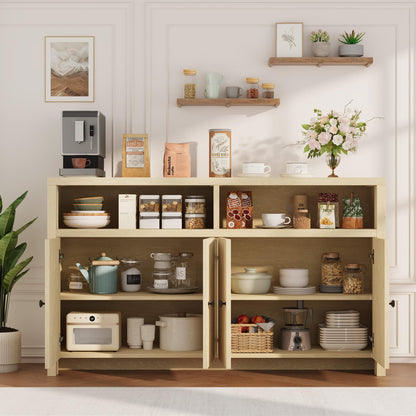 IDEALHOUSE Buffet Sideboard Cabinet with Storage, 55" Large Farmhouse Kitchen Storage Cabinet with 4 Doors & Adjustable Shelves, Wood Coffee Bar Cabinet for Kitchen, Dining Room, Living Room