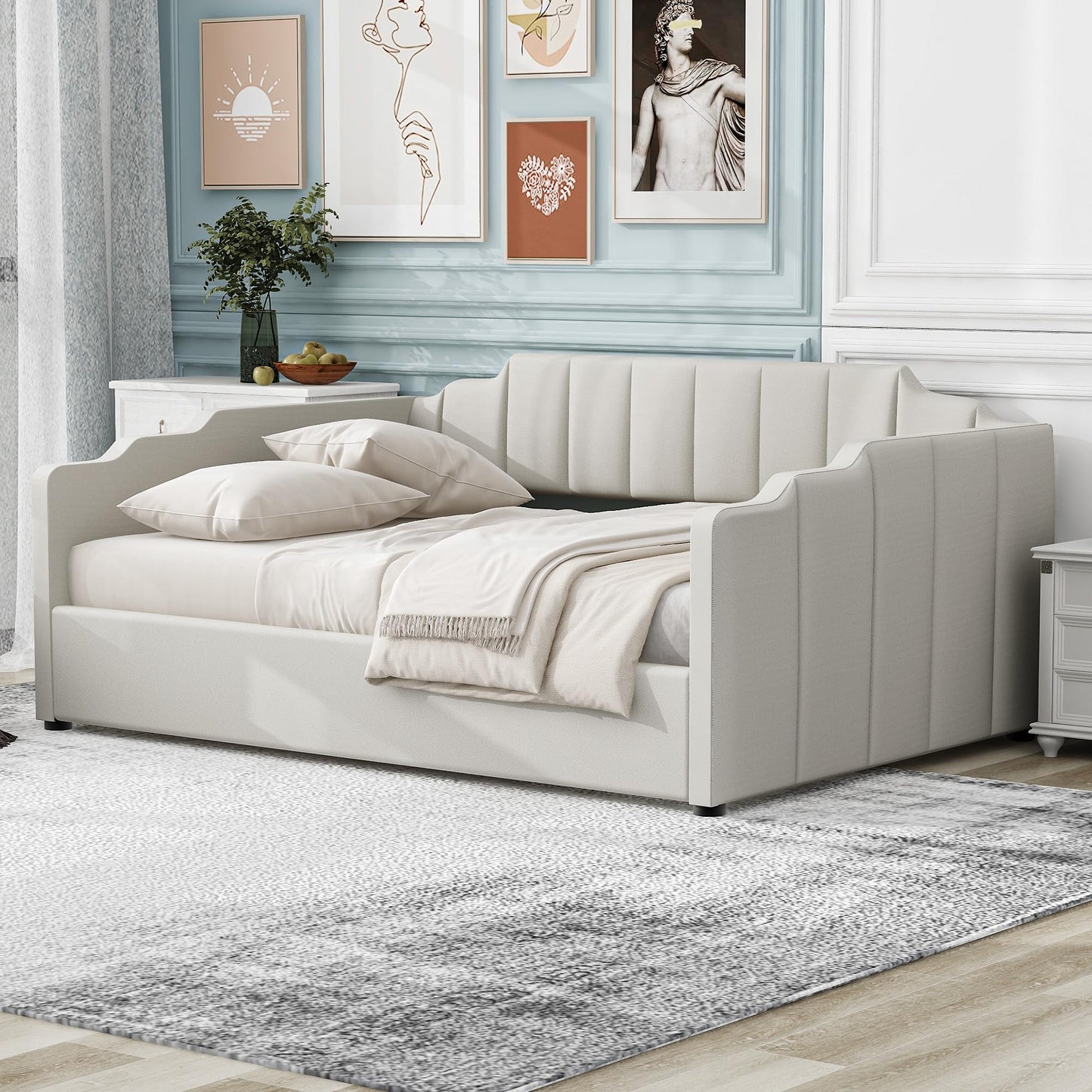 DNYN Full Size Upholstered Daybed for Bedroom,Guest Room,Lift Up Storage Bedframe w/Wood Slat Support,Space Saving Design, Beige