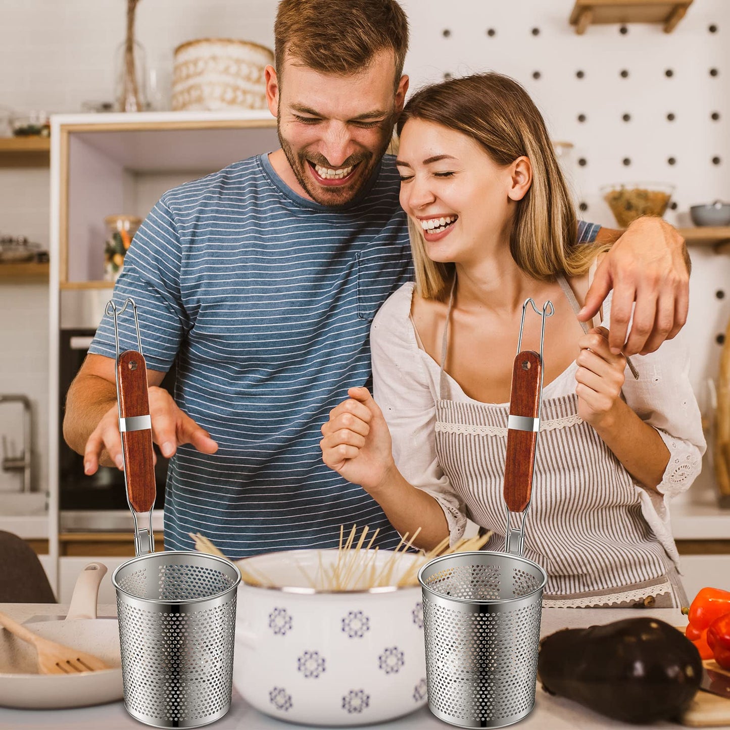 Tessco 4 Pcs Pasta Strainer, 4.7" x 5.2'' Stainless Steel Pasta Basket Mesh Cooker with Wood Handle, Spider Strainer Kitchen Skimmer for Food Dumpling Noodle Blanching(Dark Color)