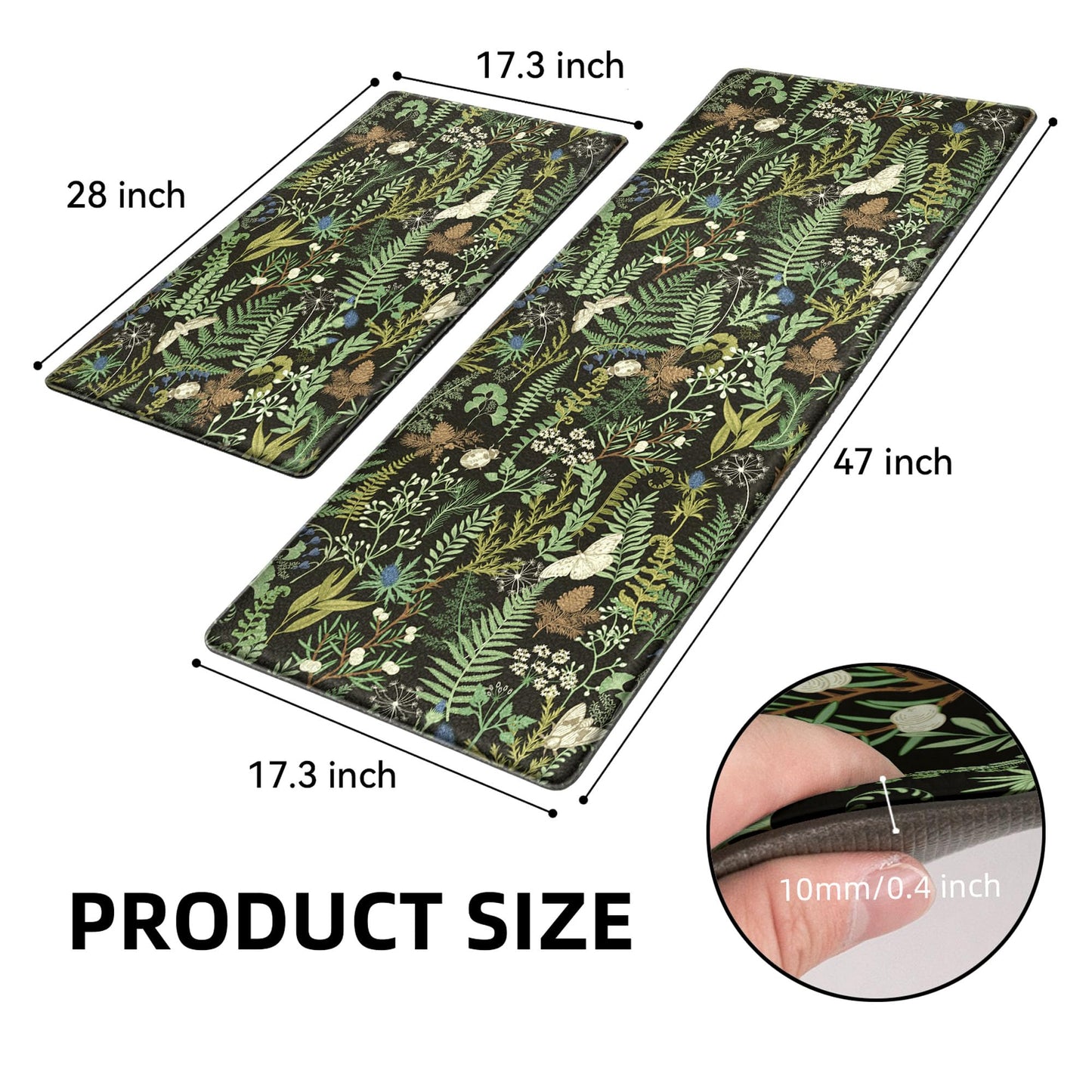 Black Green Botanical Kitchen Rugs Set of 2 Plant Leaf Anti-Fatigue Kitchen Mat Natural Comfort Standing Waterproof PVC Mats 2/5" Thick Leather Carpet for Laundry Office Sink(17.3" x28" + 17.3" x 47")