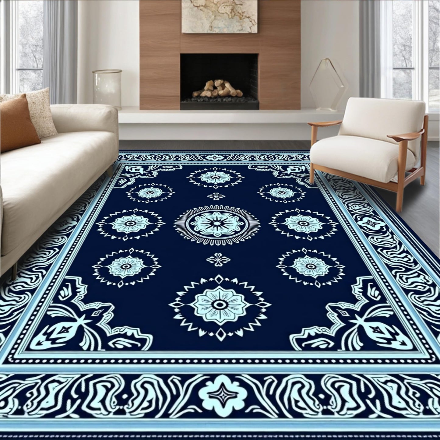 Design&I Low Pile Flatwoven Area Rug 8x10, Premium Zen Relaxation Mat with Eastern Inspired Motifs, Machine Washable, Stain Resistant Indoor Rug for Living Room, Bedroom, Non Slip(Blue, 8x10)