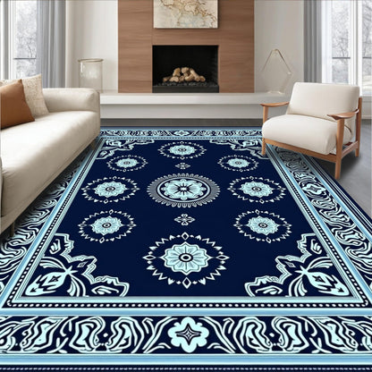 Design&I Low Pile Flatwoven Area Rug 8x10, Premium Zen Relaxation Mat with Eastern Inspired Motifs, Machine Washable, Stain Resistant Indoor Rug for Living Room, Bedroom, Non Slip(Blue, 8x10)