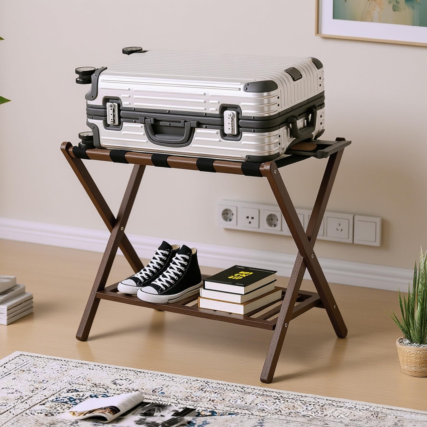 GAOHAPY Bamboo Luggage Rack with Shoe Shelf Folding Suitcase Stand with 5 Heavy-Duty Straps for Guest Room Living Room Hotel Ideal Luggage Holder for Suitcases Bags Shoes,Walnut Brown