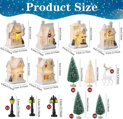 Kasyat Winter Village Set - 50 Pcs LED Lighted White Houses & Mini Trees for Christmas Decor