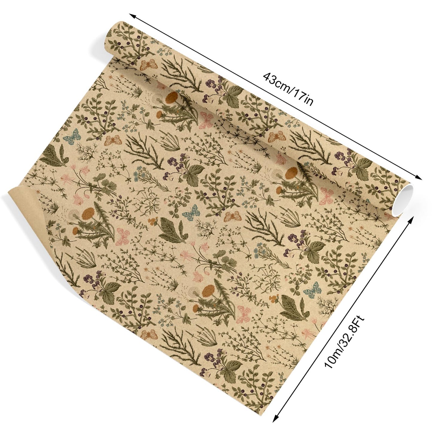 JarThenaAMCS Vintage Wildflower Kraft Wrapping Paper -Mini Roll- 17In x 32.8Ft Green Brown Floral Gift Wrap Paper Craft Paper for Spring Birthday Wedding Bridal Baby Shower Party Packing Supplies