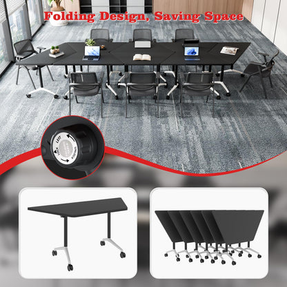 Conference Room Table, Foldable Flip Top Mobile Training Table with Wheels, 47.2 Inch Modern Rectangular Meeting Seminar Desk, Waterproof Metal Frame for Office, Classroom & Boardroom