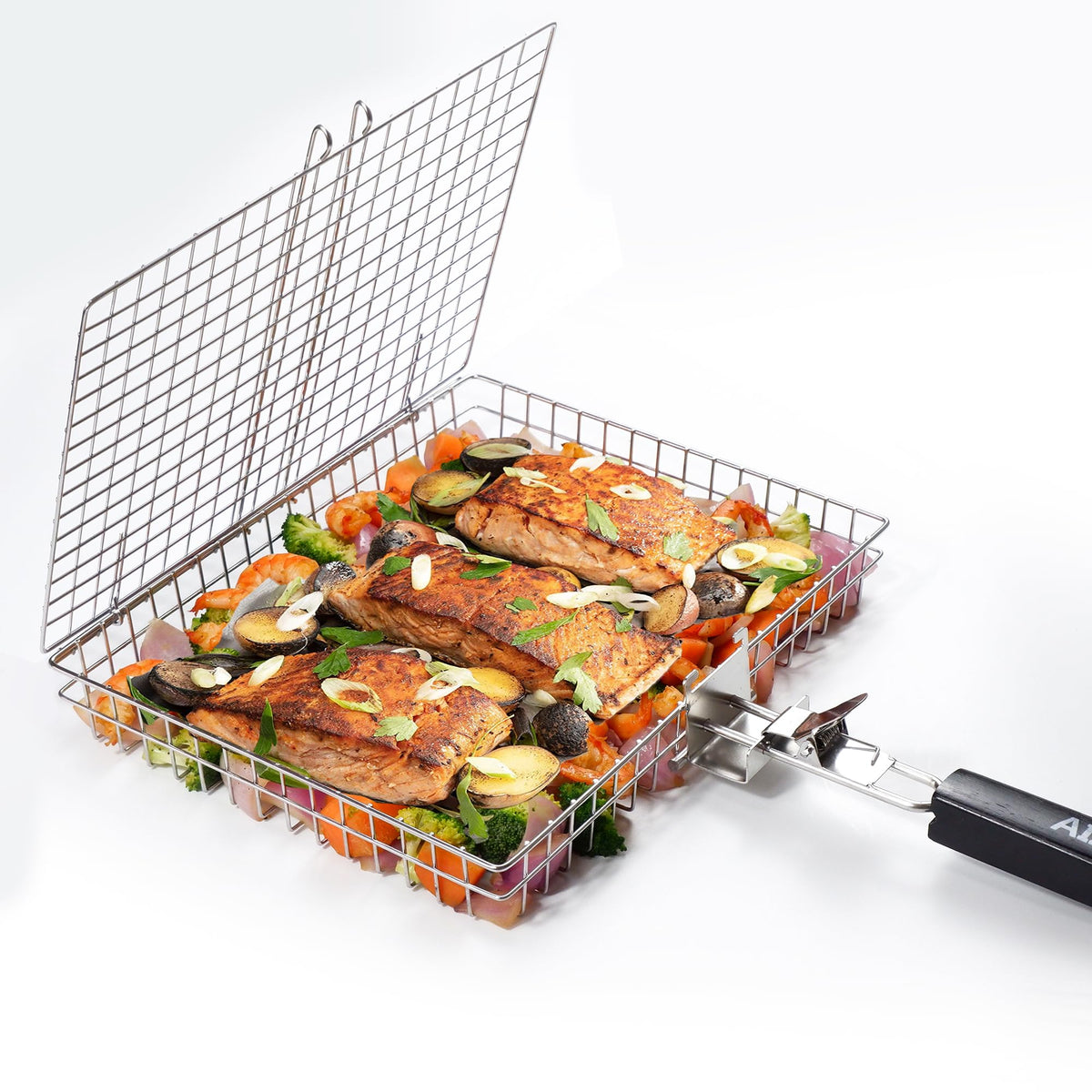 AIZOAM Grill Basket - Grill Baskets for Outdoor Grill, Stainless Steel Large Grilling Basket w Removable Handle, Portable Fish Grilling Rack for Grill Ideal Meat Fish Vegetables Grilling Accessories