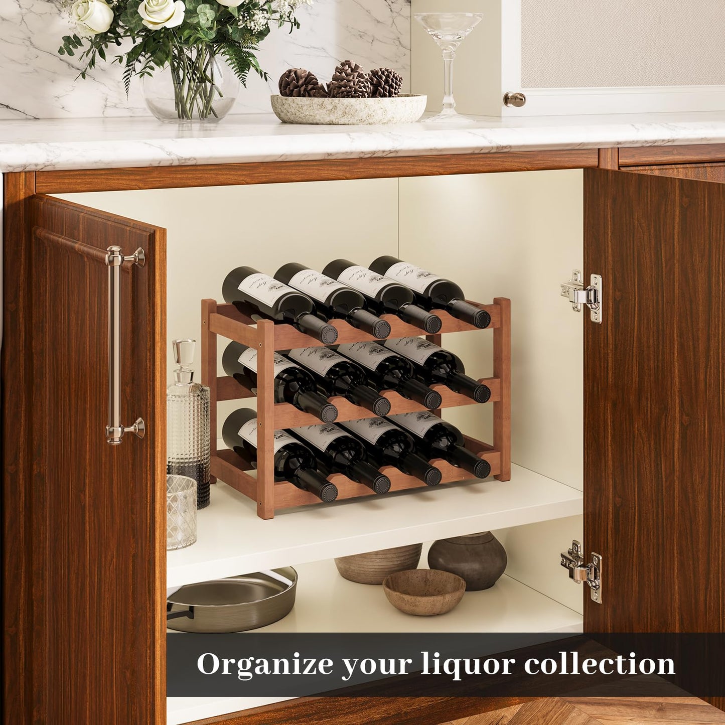 AUGOHCMIL Wine Rack，Bamboo Wine Storage Cabinet Shelf，Countertop Wine Shelf- Freestanding Wine Holder for Kitchen & Pantry (Brown, 3-Tier)