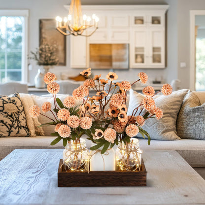 Suncalla 3 Pcs Summer Mason Jar Centerpiece Table Decorations Khaki Faux Kiku Flowers Decorations with Wood Tray and LED Light for Dining Kitchen Bathroom Farmhouse Coffee Table Decor