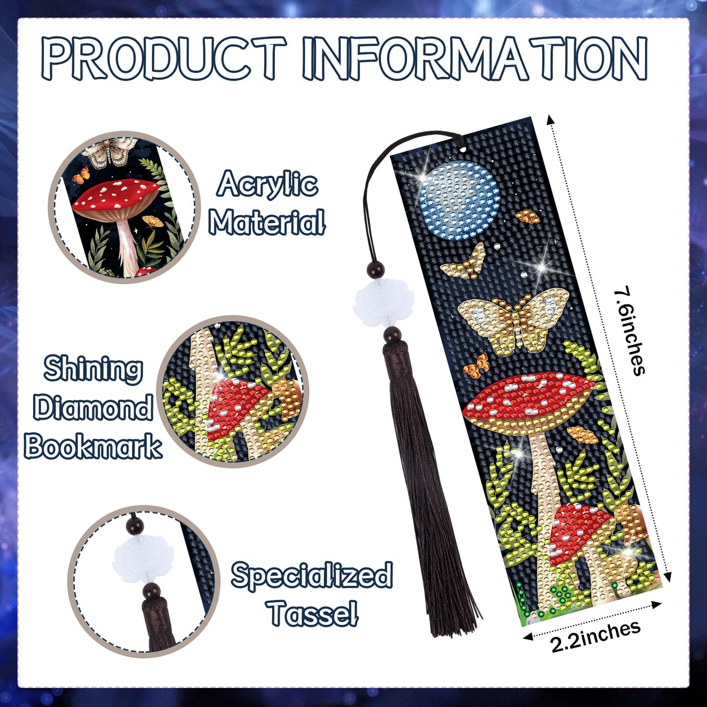 Sitsink Mushroom Diamond Art Kits - 6 Pcs Crescent Moon Mushroom Diamond Art Bookmarks with Tassels, Acrylic Bookmark Diamond Painting Kits for Adult, Boho Diamond Book Markers