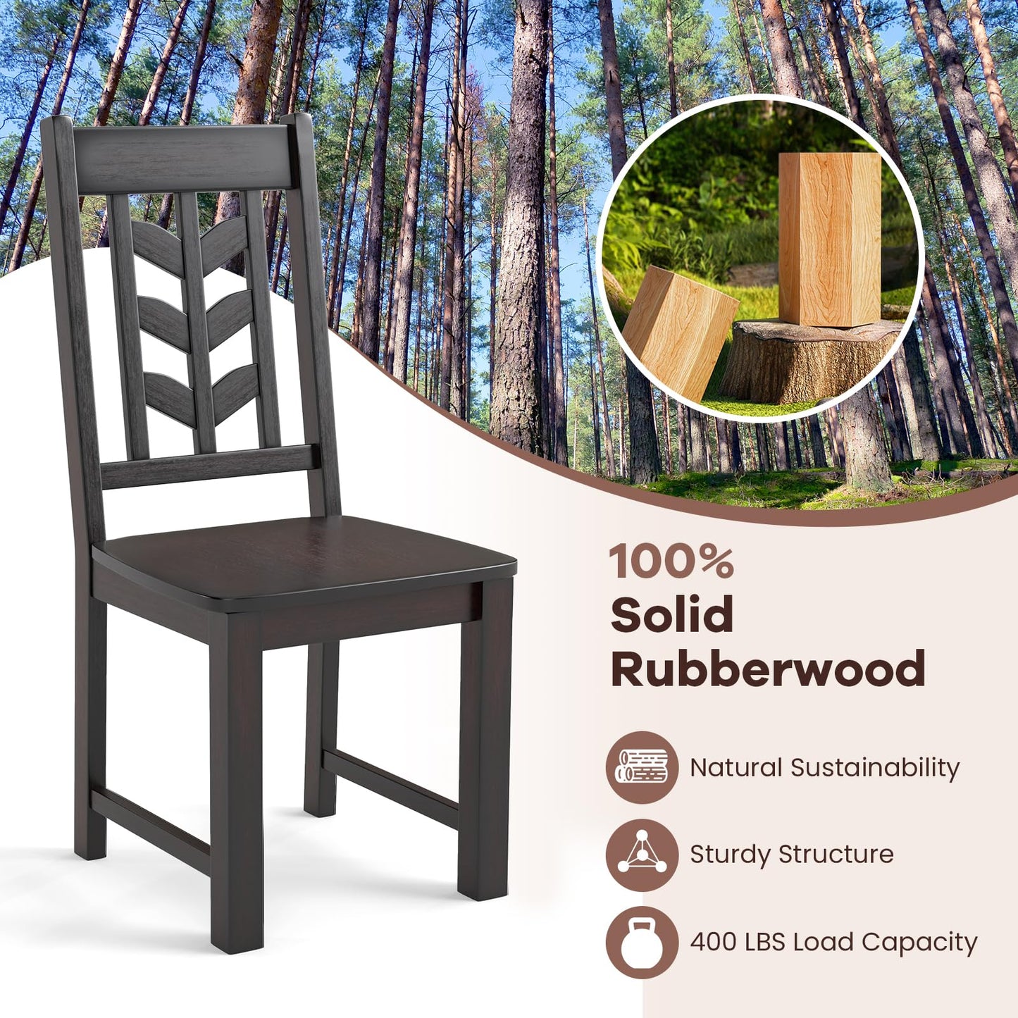 NAFORT Solid Wood Dining Chairs Set of 6, Brown Kitchen Table Chair with Max Load of 430 Lbs, High Chevron Back Dining Room Chairs for Dining Table in Kitchen and Dining, Home Office, Restaurant