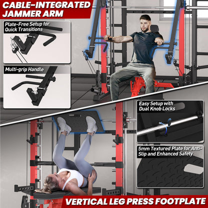 RitKeep PMAX-4750 Smith Machine with Jammer Arms and Leg Press Board, Adjustable 1:1 and 2:1 Pulley Ratios, 1800 LB Capacity,Multi-Function Commercial and Home Gym Equipment for Strength Training
