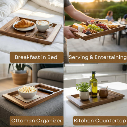 PANDAWOOD Wood Serving Tray - Large Acacia Wooden Tray for Coffee Table Ottoman - Ottoman Tray Decor - Rectangle Wood Tray for Kitchen Counter 15.7"x11"