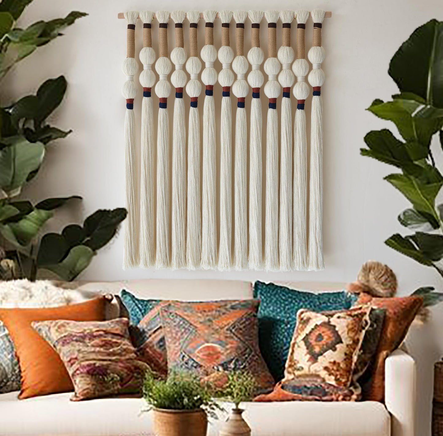 Flber Macrame Wall Hanging Boho Wall Art Handmade Spherical Knot Design with Tassel Fringe, Boho Decor for Bedroom Living Room, for Home Decoration 27" W x 33" L