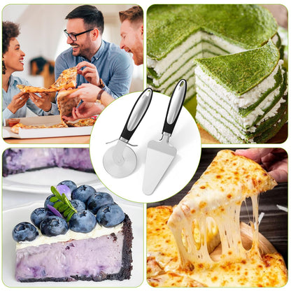 Stainless Steel Pizza Cutter Wheel and Cheese Server Set, 2-Piece Multipurpose Pizza Slicer with Sharp Blade and Ergonomic Handle, Durable, Dishwasher Safe, Easy to Cut and Serve