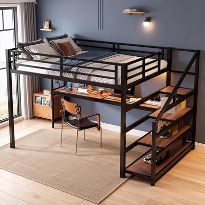 Queen Size Loft Bed with Desk and Storage Stairs, Metal Loft Bed Frame with LED Lights, Charging Station, and Multi-function Iron Nets, Loftbed for Kids, Teens, Adults, Noise-free, Black and Wood