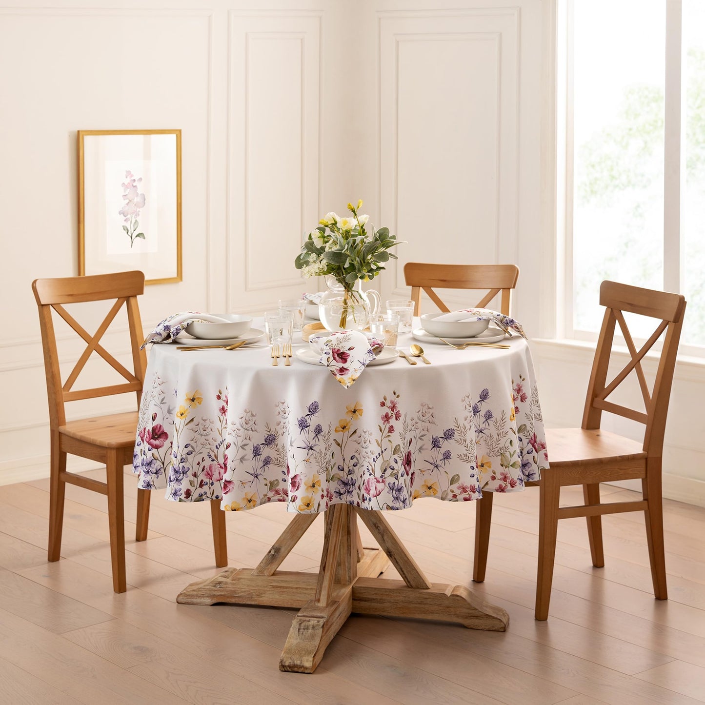 Elrene Home Fashions Poppy Wildflower Botanical Border Fabric Tablecloth, Round, 70 inches X 70 inches
