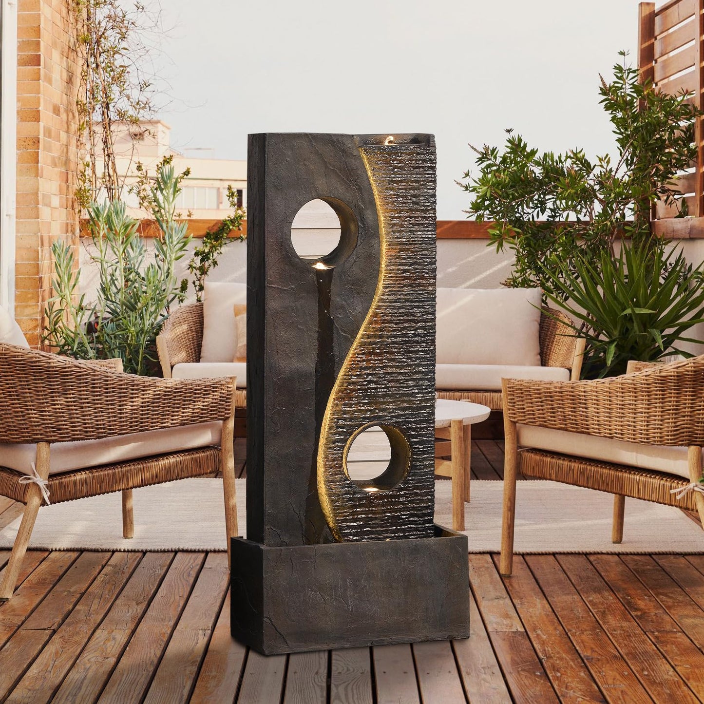 Tankana 47 inches Outdoor Water Fountain Garden Waterfall Indoor Large Water Feature Freestanding Fountains with LED Strips, Three spouts for Patio Backyard Deck Porch Home Decor, Dark Gray