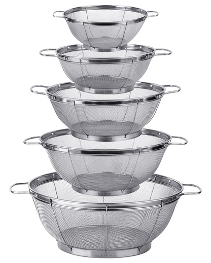 5 Pack 18/8 Stainless Steel Colander Sieves, Multi Size Mesh Strainer Net Baskets with Handles & Resting Base for Strain, Drain, Rinse or Steam