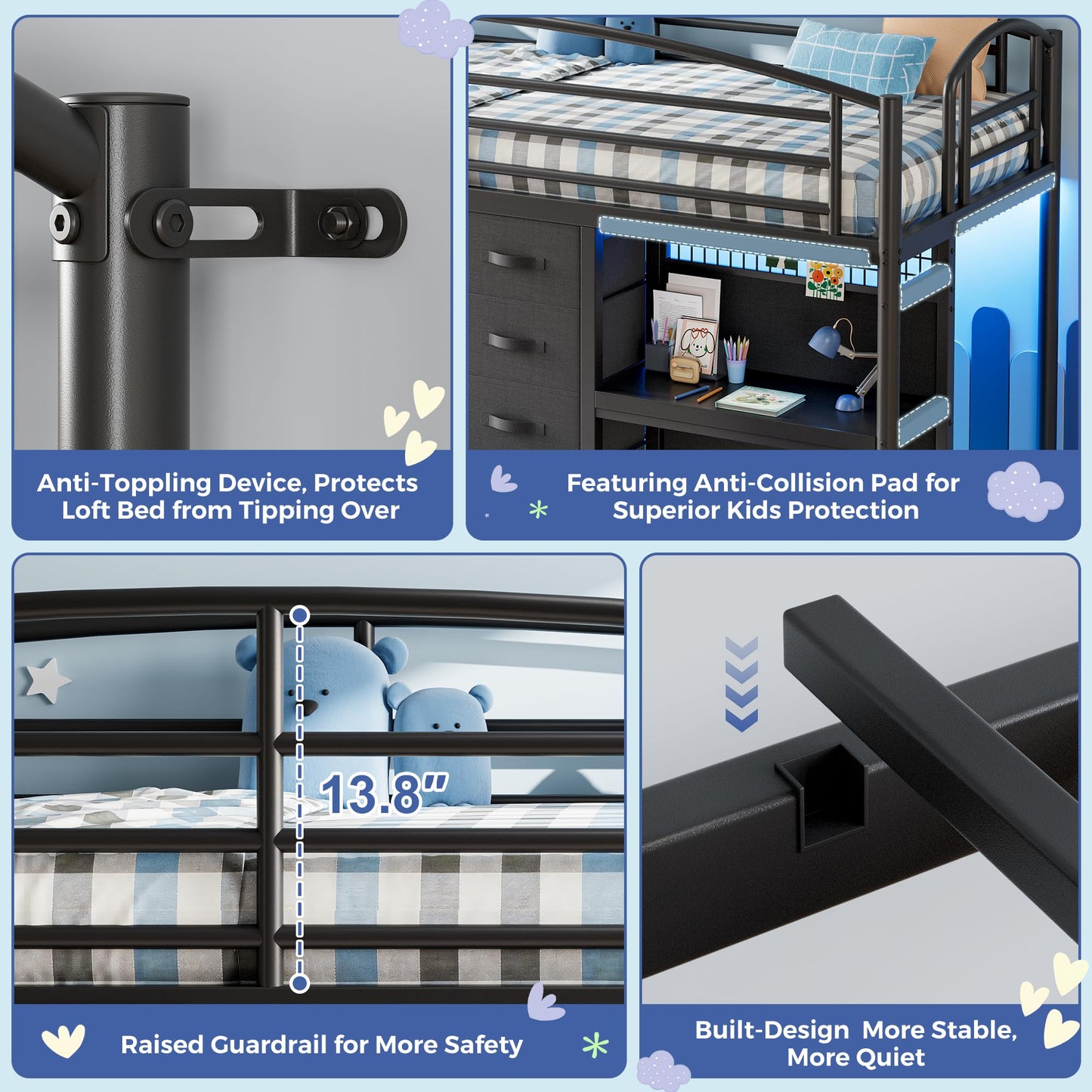 Low Loft Bed Twin Size with 7 Storage Drawers, Desk and LED Lights, Heavy Duty Metal Kids Loft Bed with 13.8" H Safety Guardrail, Anti-Collision Pad, Private Play Curtain, Under-Bed Play Space - Black