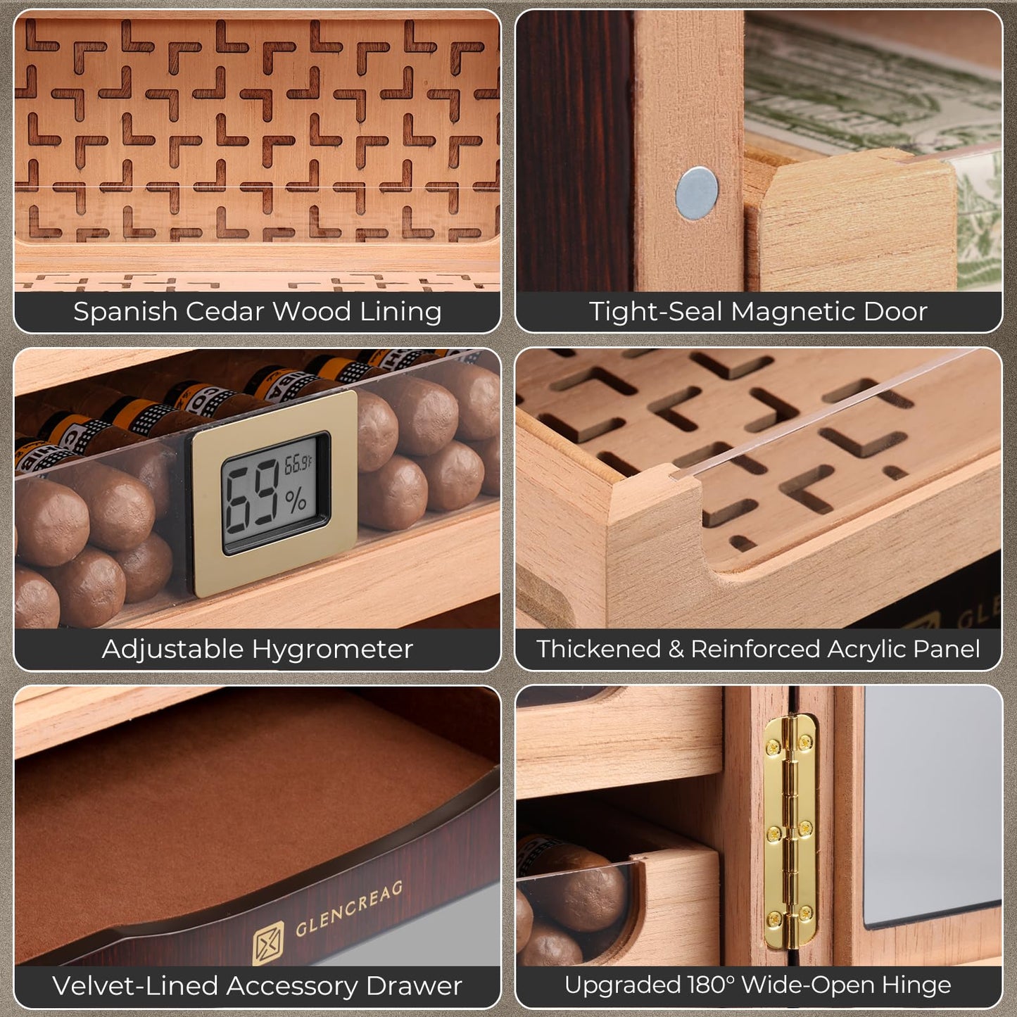 GLENCREAG M26FM-B Cigar Humidor Cabinet for 250 Cigars – Spanish Cedar Lining, Digital Hygrometer, Magnetic Seal, 5 Drawers & Accessory Storage, Transparent Top View Window– Gift for Cigar Aficionados