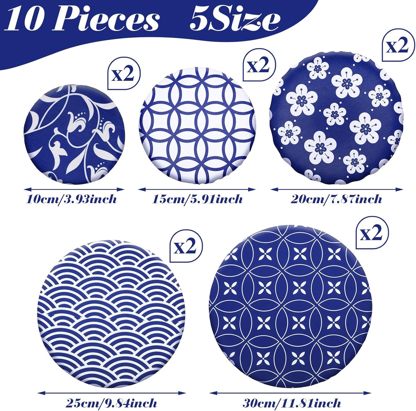 Patelai 10 Pieces Reusable Bowl Covers in 5 Sizes, Stretch Cloth Fabric Elastic Food Storage Covers