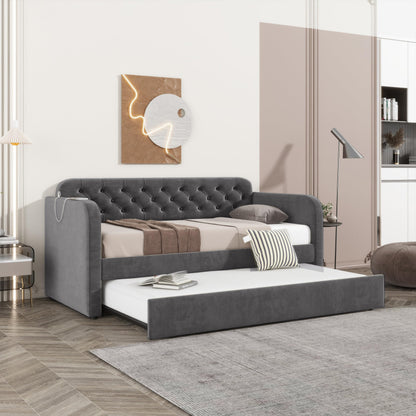 Ball & Cast Twin Size Daybed W/Trundle,Velvet Day Bed with Pop Up Trundle Bed W/USB Charging Ports,Upholstered Sofa Bed W/Back,No Box Spring Needed,for Bedroom,Guest Room,Dark Gray