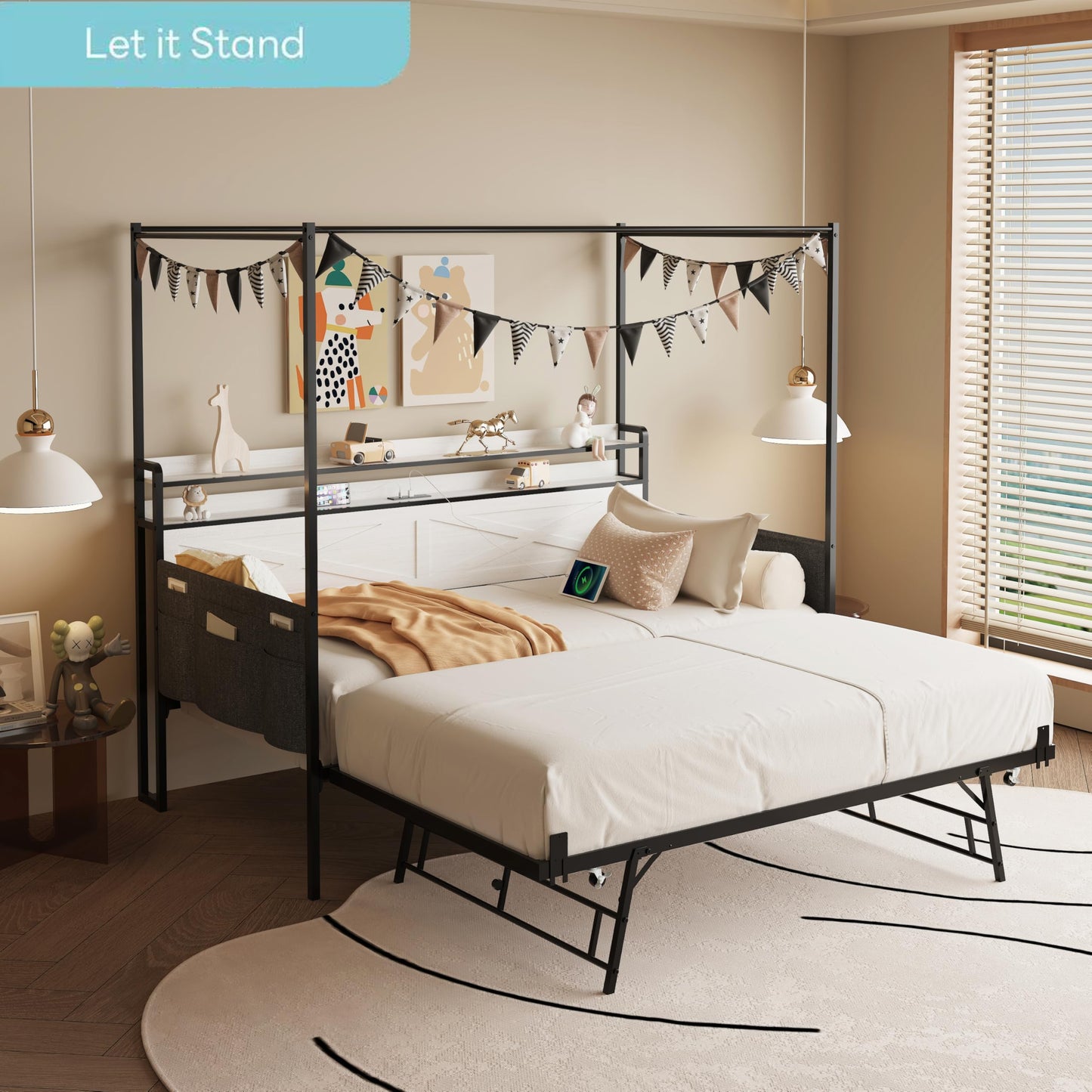 DNYN Metal Daybed with Pop-up Trundle and 4 Poster for Bedroom/Guest Room, Twin Size Heavy-Duty Canopy Bed Frame with USB Ports and Storage Headboard, Space-Saving & No Box Spring Needed