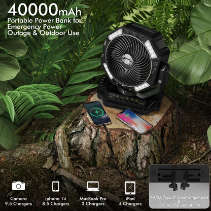AddAcc 40000mAh Battery Operated Camping Fan & Portable Rechargeable Desk/Camping Fan with Light and Hook