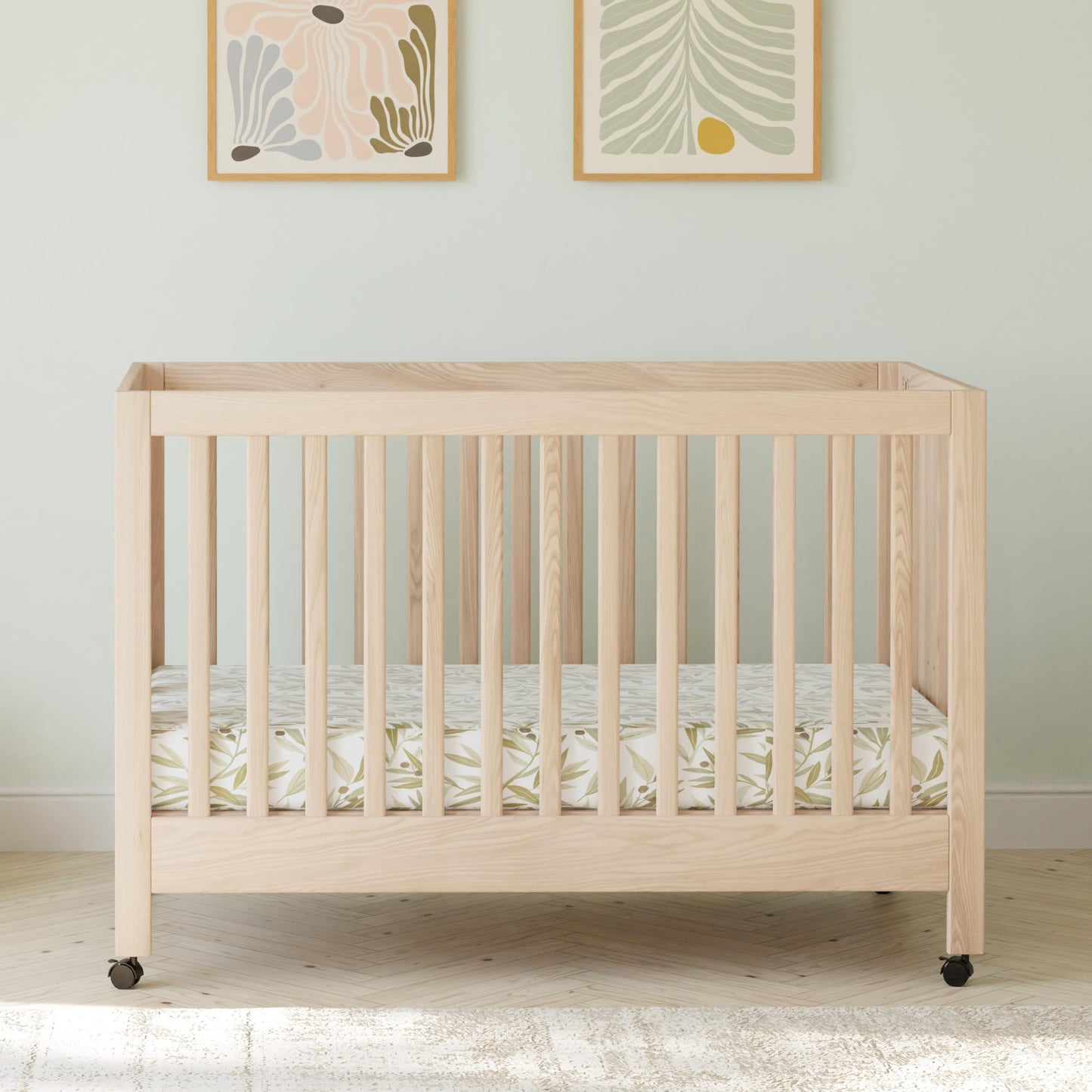 Babyletto Maki Full-Size 2-in-1 Portable Folding Crib with Toddler Bed Conversion Kit in Washed Natural, Greenguard Gold Certified