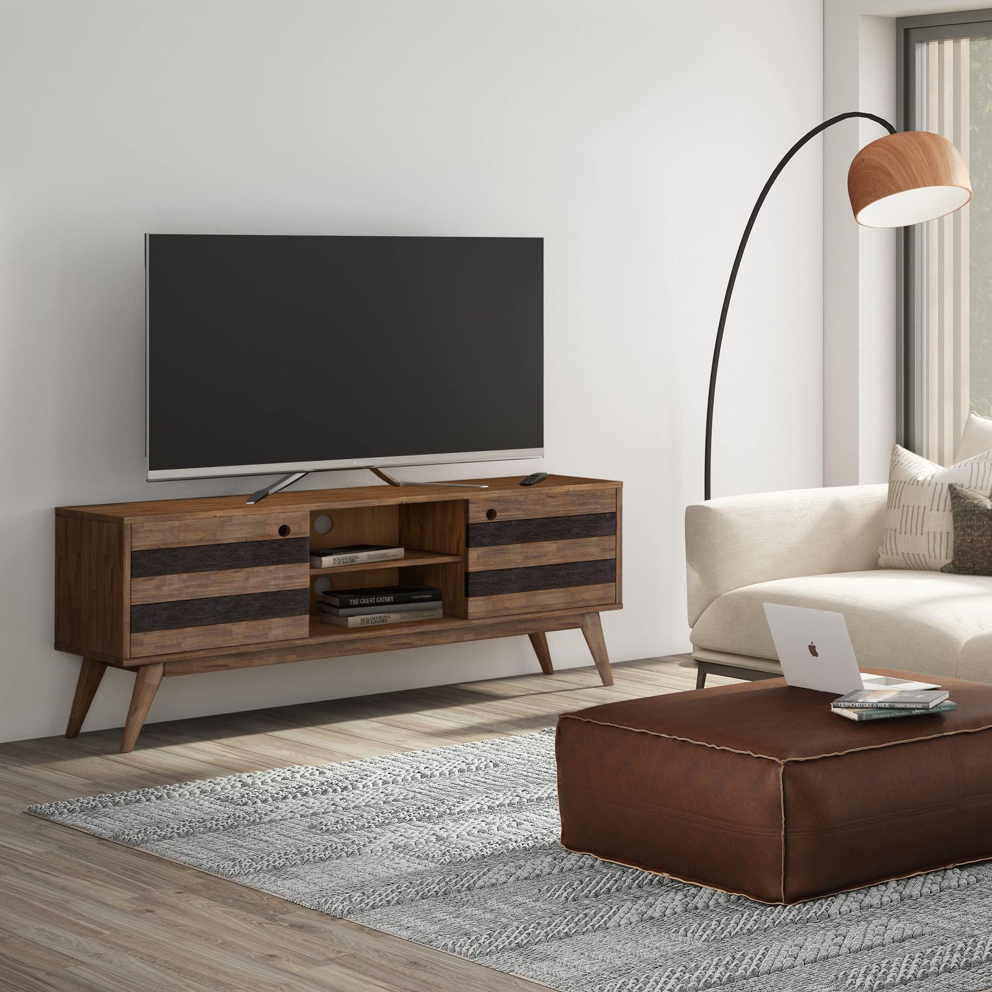SIMPLIHOME Clarkson SOLID ACACIA WOOD 60 inch Wide Mid Century TV Media Stand in Rustic Natural Aged Brown For TVs up to 65 inches for the Living Room and Entertainment Center
