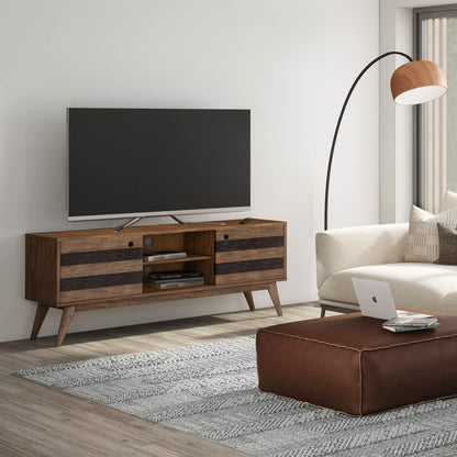 SIMPLIHOME Clarkson SOLID ACACIA WOOD 60 inch Wide Mid Century TV Media Stand in Rustic Natural Aged Brown For TVs up to 65 inches for the Living Room and Entertainment Center
